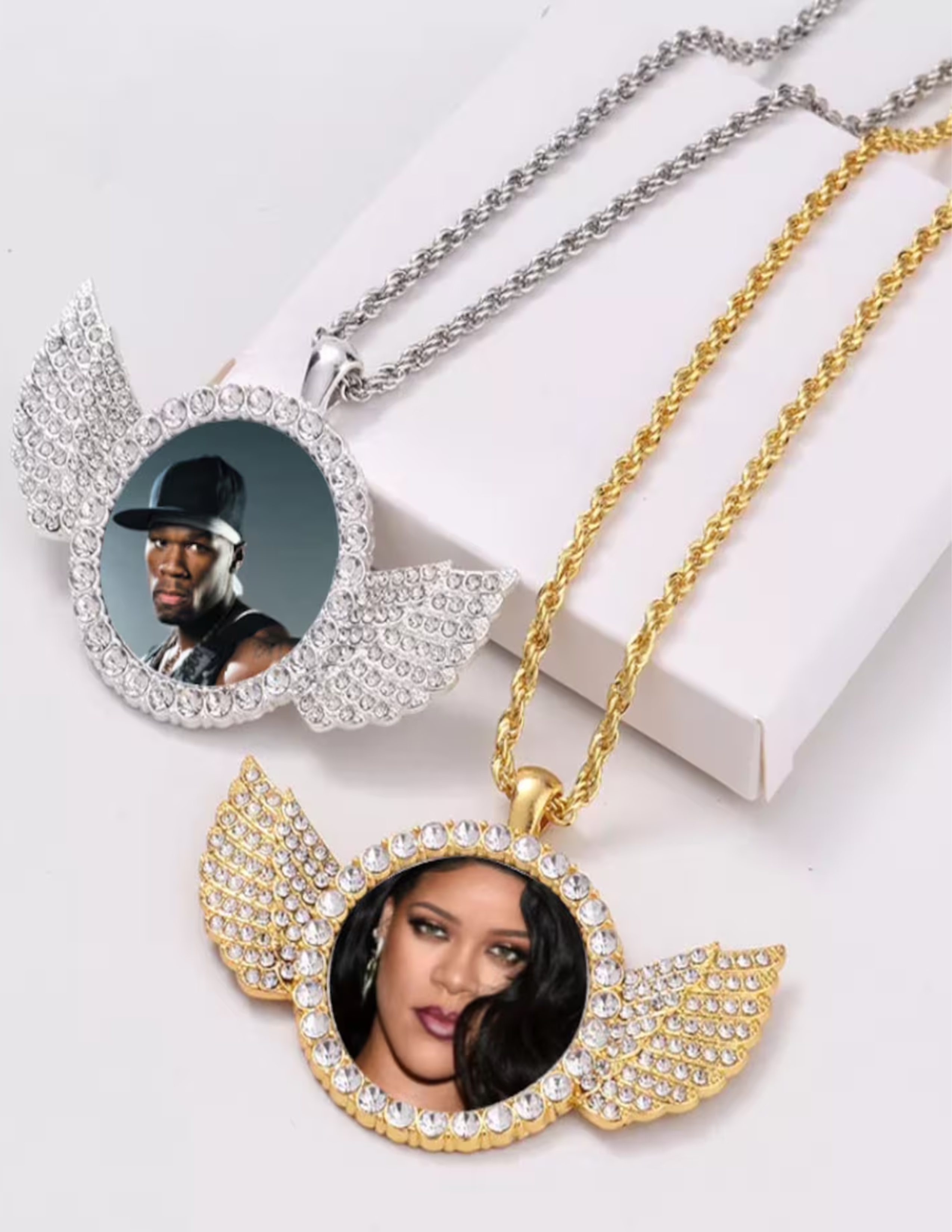 Silver Angel Wing Photo Necklace, Wing Rhinestone Photo Necklace, Photo Jewelry